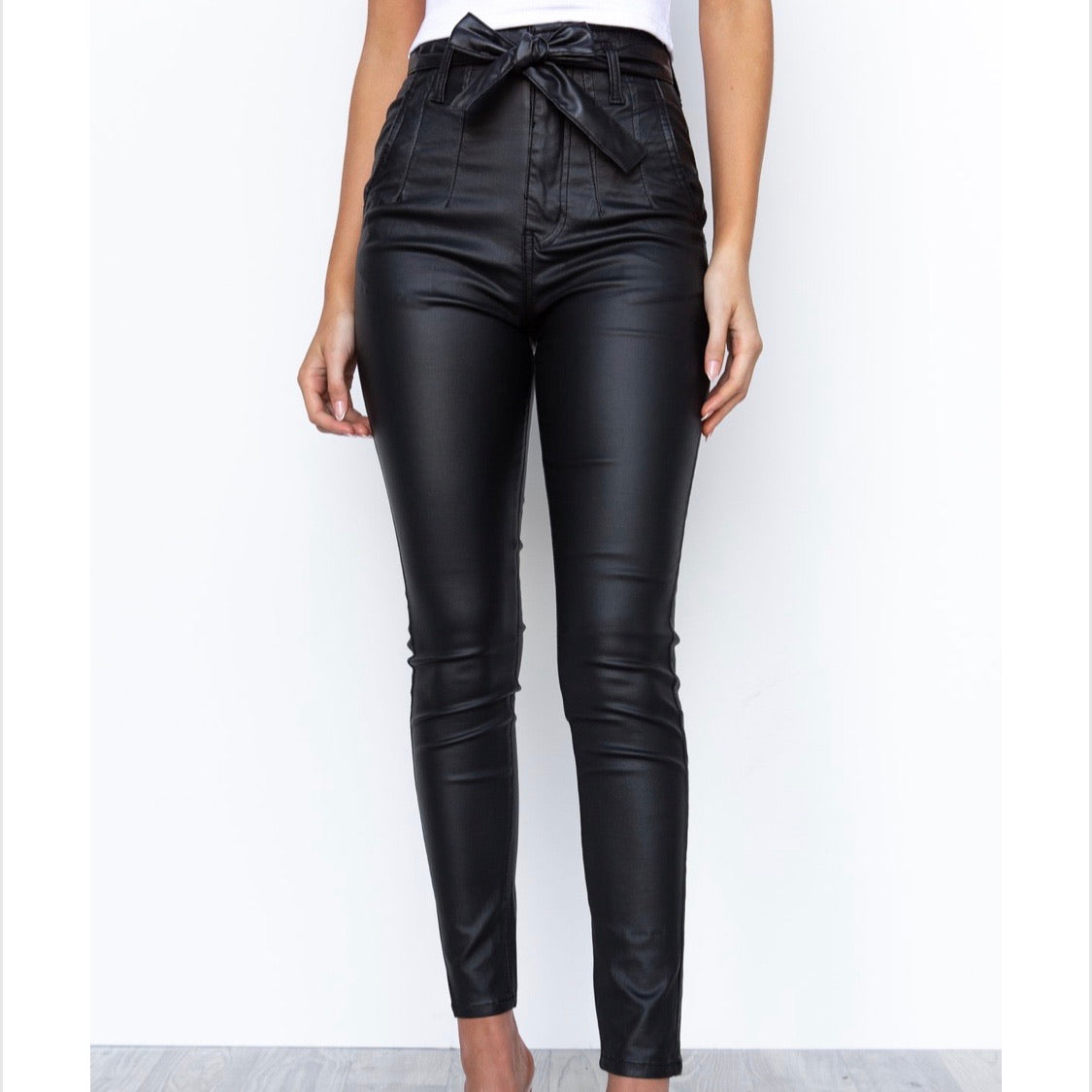 Womens Black Leather Look Jeans High Waisted –