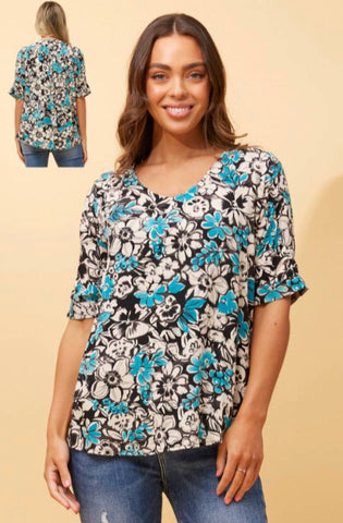 Splash of turquoise floral button back top.