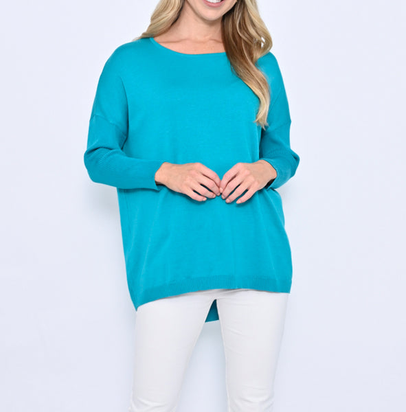 Drew Ribbed Sleeve Hi-Low Round Neck Knit Jumper - Teal.