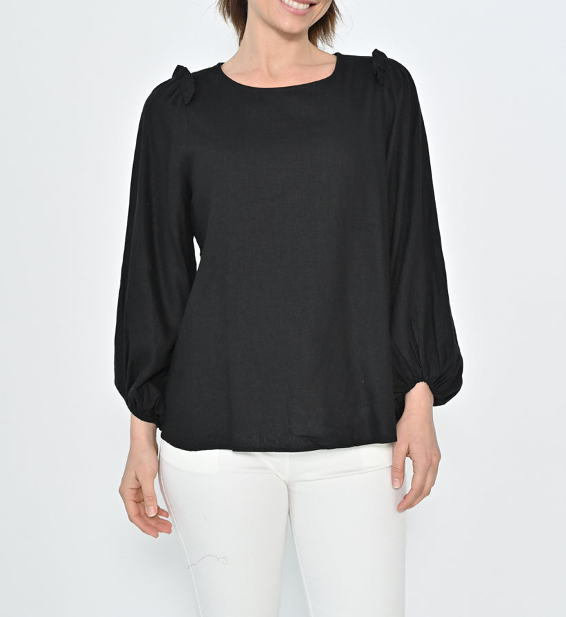 Elisa Frill Shoulder Linen Top - Black.