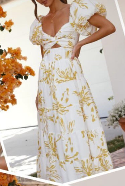 Debra Alluring Puff Sleeve Maxi Dress - Mustard.
