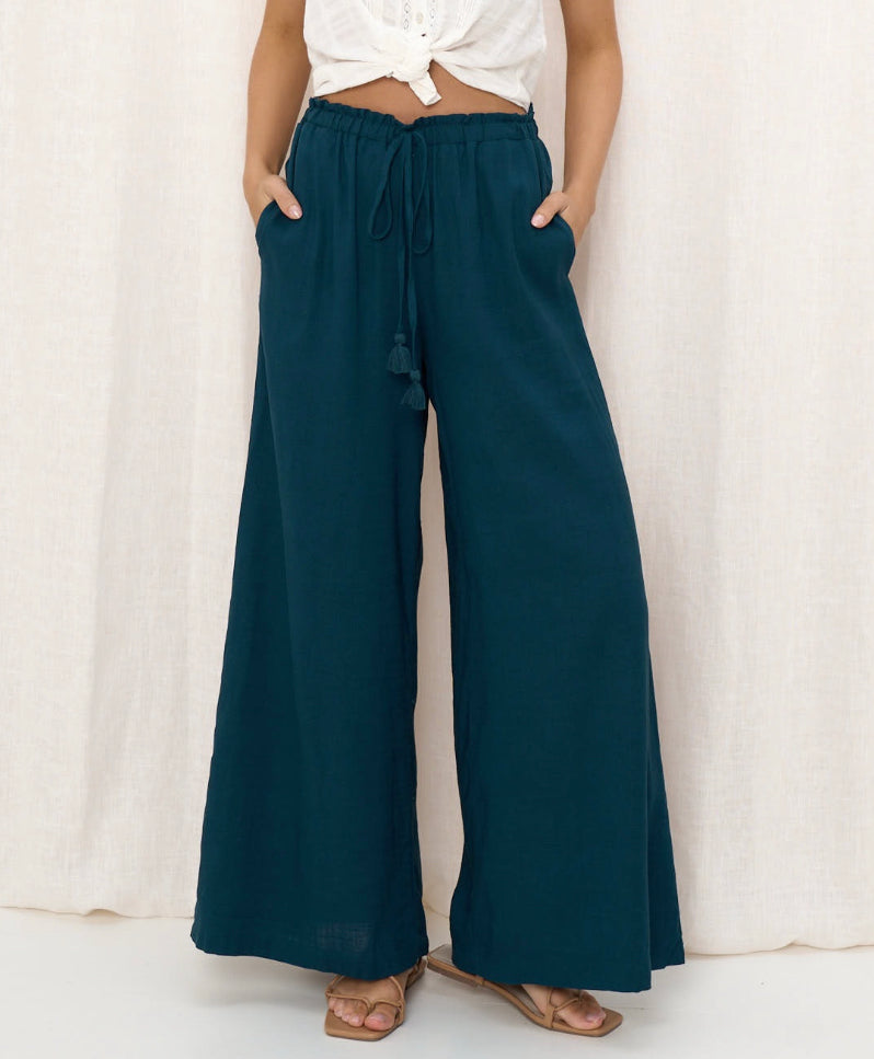 Paper Bag Waist Linen Pants - Peacock.