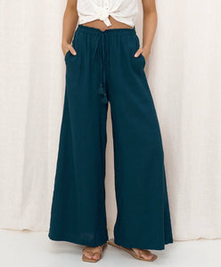 Paper Bag Waist Linen Pants - Peacock.