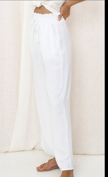 Linen Pant With Drawstring - White.