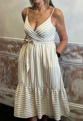 Linen Stripe Dress - Beige.