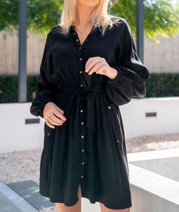 Natalia Brass Button Thru Mini Dress- Black.