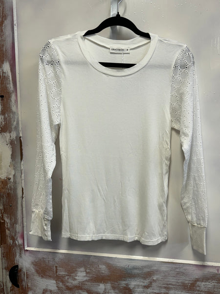 Cotton Long Sleeve Ribbed Tee - White.