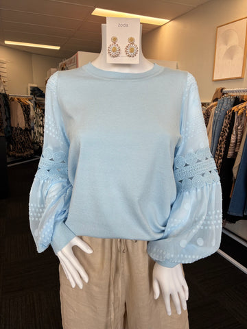 Daphne Embroidered Eyelet Sleeve Top - Sky Blue.