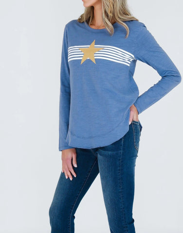 3rd Story- Nora Gold Star with Stripes Long Sleeve T-Shirt - Elemental Blue