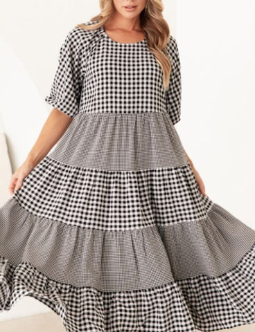 Bobbie Gingham Check Midi Dress - Black.