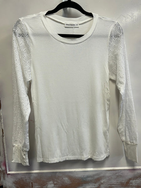 Cotton Long Sleeve Ribbed Tee - White.