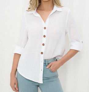 Roll Up Sleeve Button Down Shirt - White.