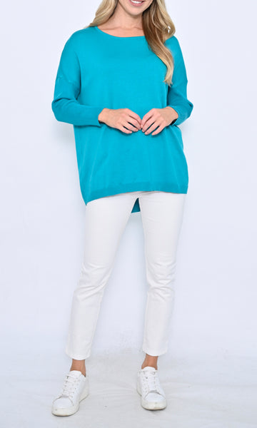 Drew Ribbed Sleeve Hi-Low Round Neck Knit Jumper - Teal.