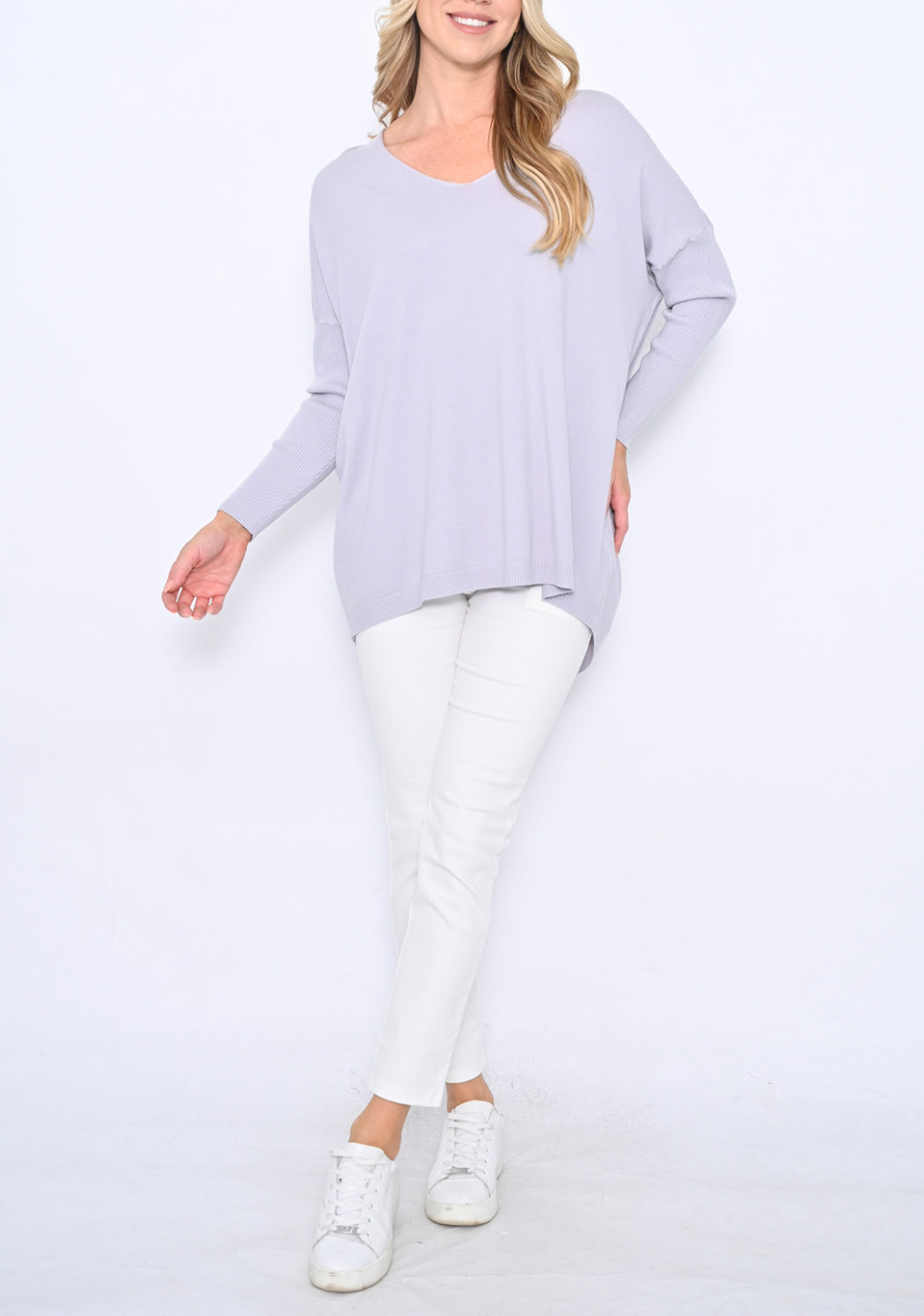 Willow V-Neck Ribbed Sleeve Knit- Lilic.