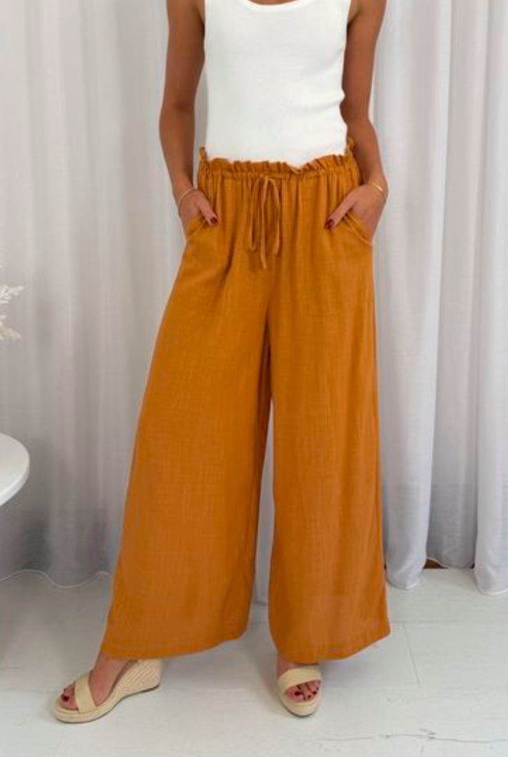 Drawstring Linen Pants - Rust.