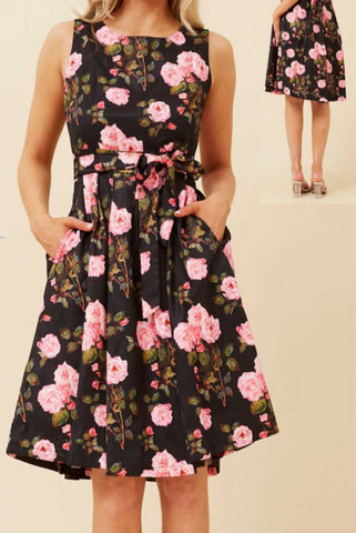 Rosalie Rose Print Dress - Black With Print.