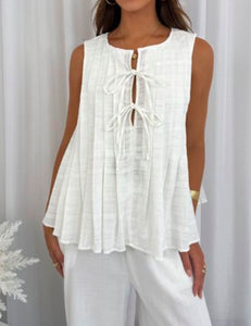 Elena Front Tie Cotton Top - White.