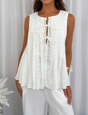 Elena Front Tie Cotton Top - White.