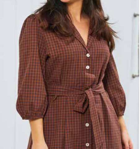 Eloise 3/4 Sleeve Check Dress- Brown.