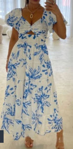 Debra Alluring Puff Sleeve Maxi Dress - Blue.