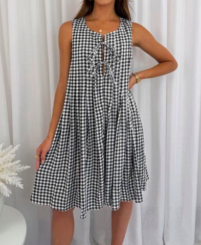 Front Tie Check Dress - Black.