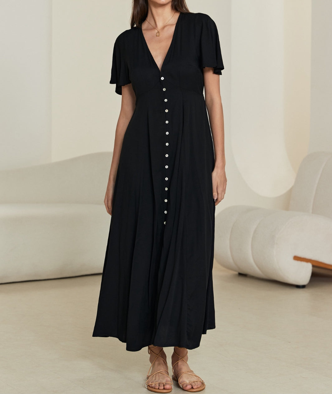 Angelique Flutter Sleeve Maxi Dress - Black.