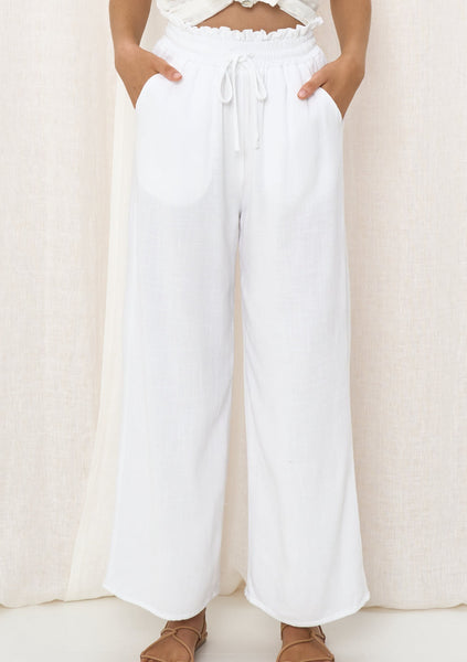 Long Linen Pant With Drawstring - White.