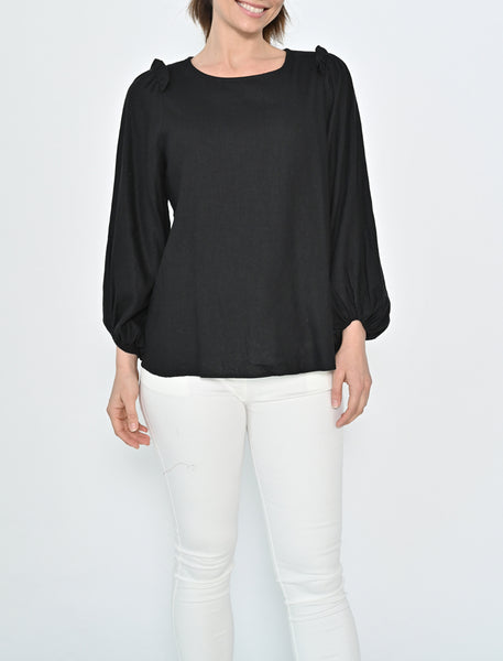 Elisa Frill Shoulder Linen Top - Black.