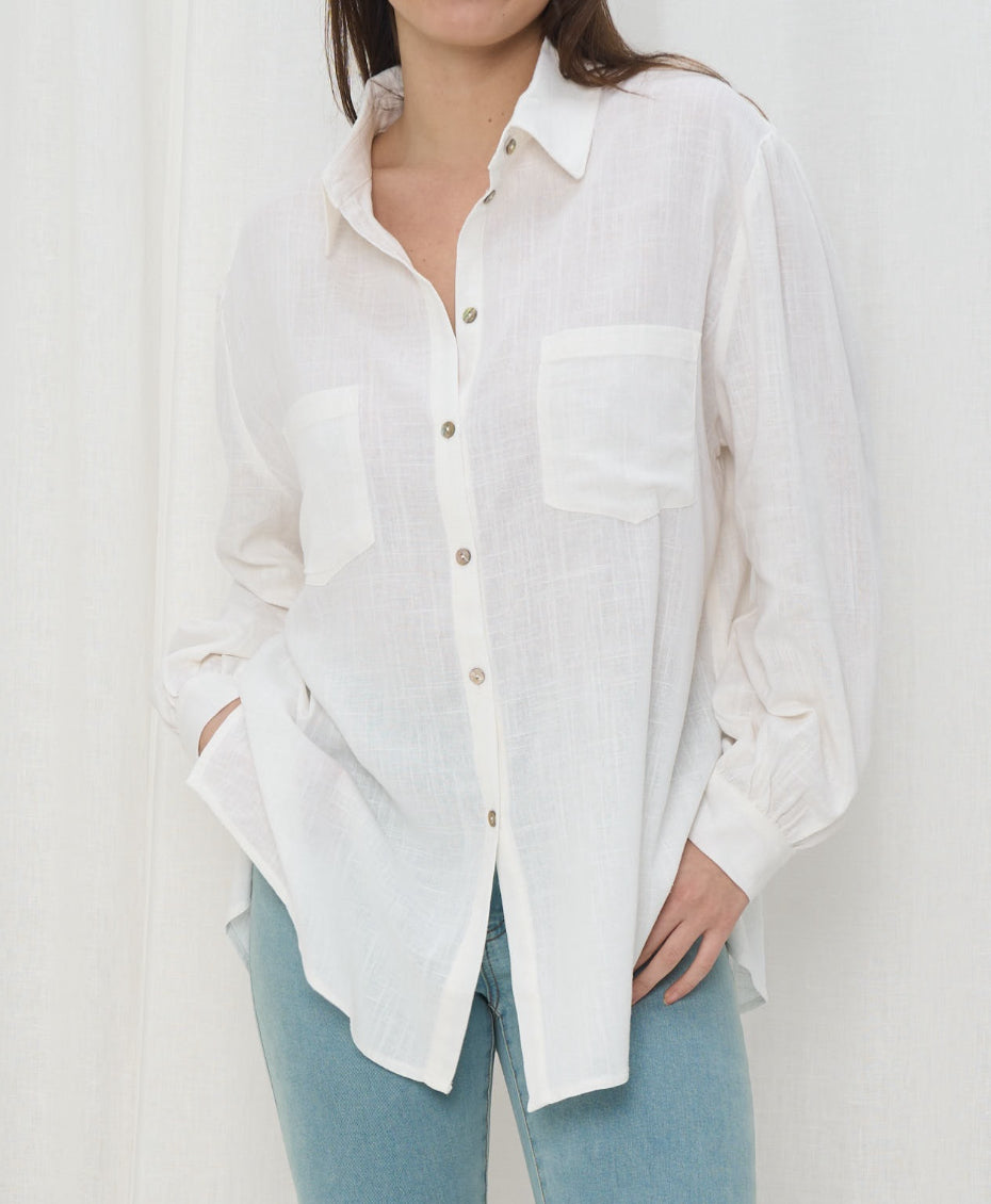 Oversized Linen Blend Button Up Shirt - White.