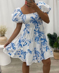 Debrah Puff Sleeve Mini Dress - Blue/White.