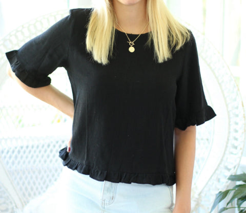 Linen Frill Top - Black.