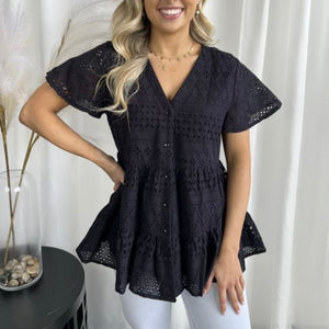 Lace Button Top - Black