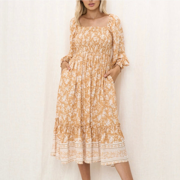 Mustard Midi Dress 3/4 Sleeve