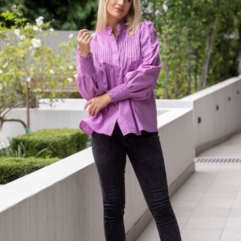 Penelope Linen Pleated Blouse - 
Lilac.