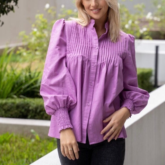 Penelope Linen Pleated Blouse - 
Lilac.