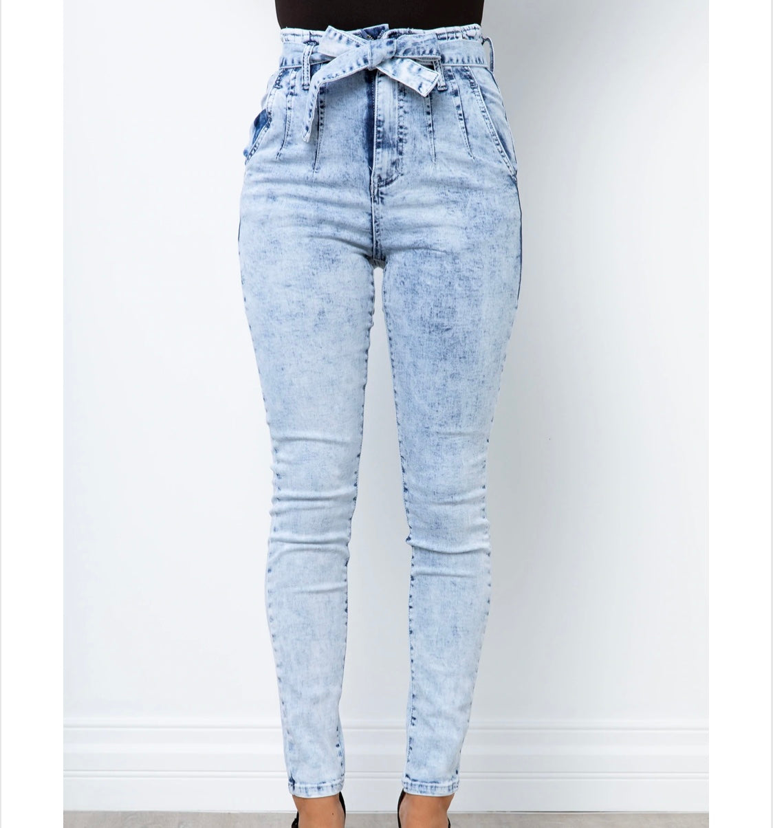 Wakee Denim High Waisted Tie Up Jeans - Acid Wash