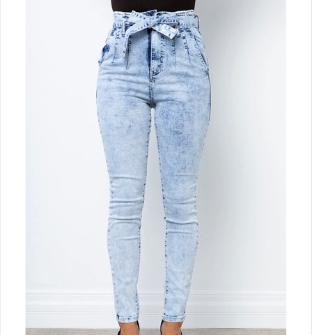 High Waisted Tie Up Jeans - Acid Wash